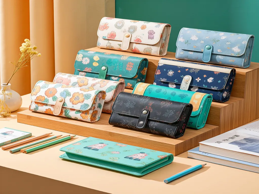 Colorful binder pencil pouches arranged on a wooden stand
