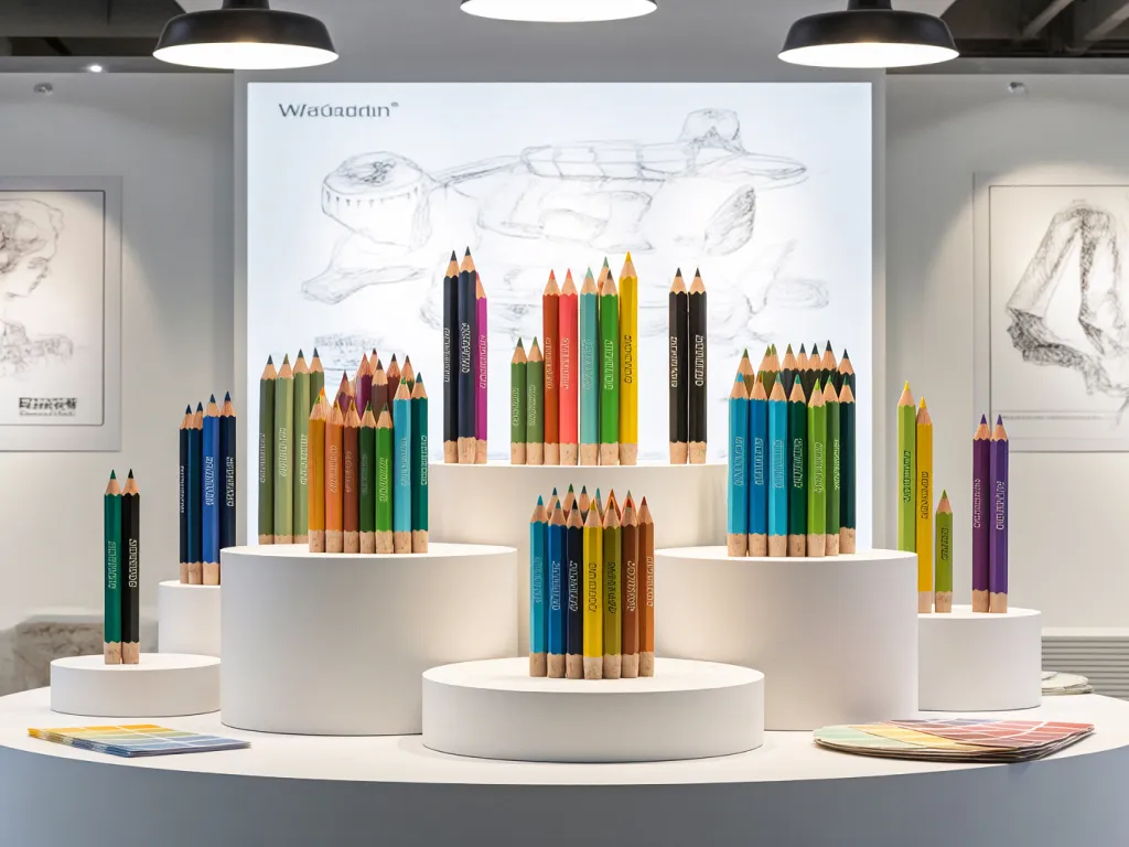 Colorful golf pencils displayed on white platforms