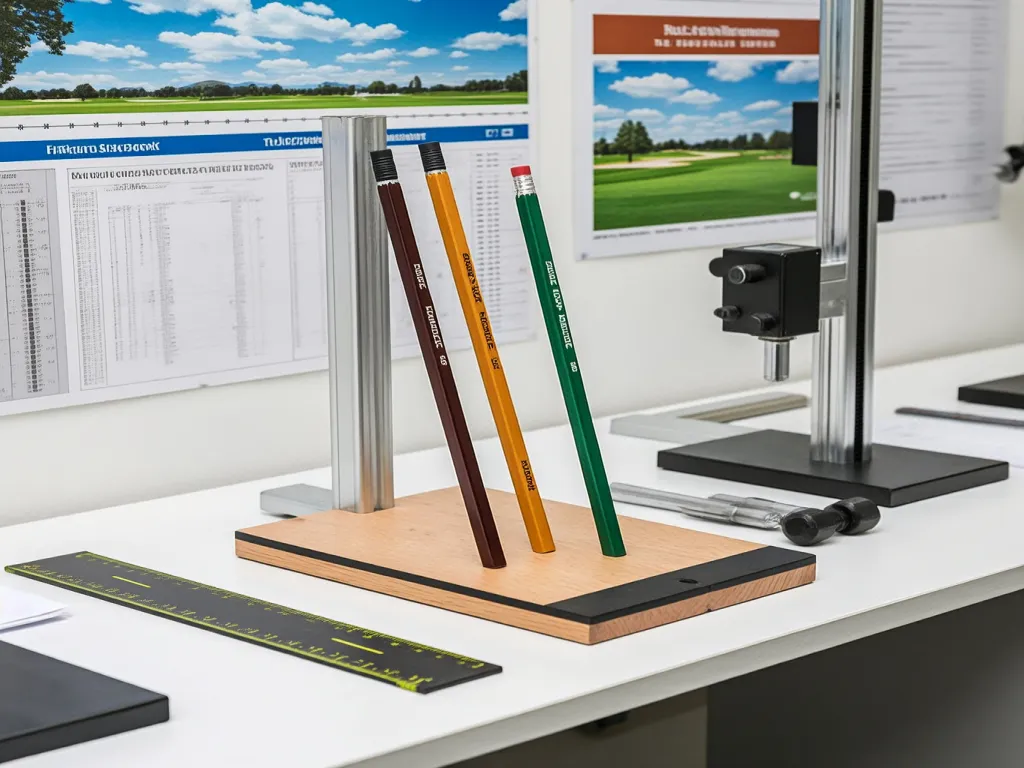 Golf pencils displayed on a stand in an office