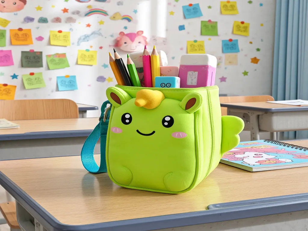 Green cartoon pencil bag on a desk