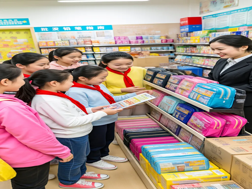 Kids choosing colorful pencil bags in a store