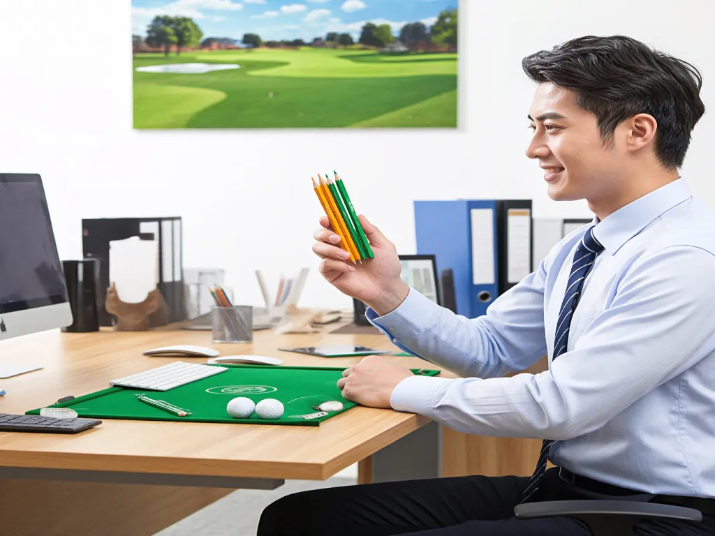 Man holding a bunch of golf pencils in an office