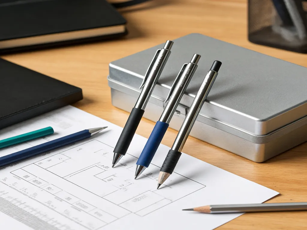 Mechanical pencils placed on documents and a metal case