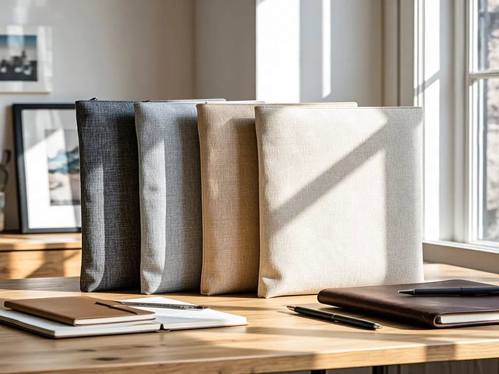 Neutral colored binder pouches neatly stacked on a desk