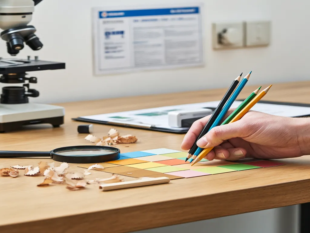Hand selecting colored pencils on a table