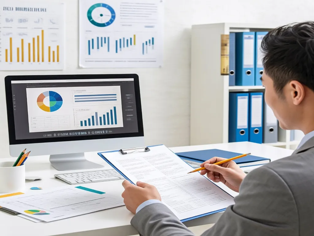 Person analyzing data on computer with pencils on desk