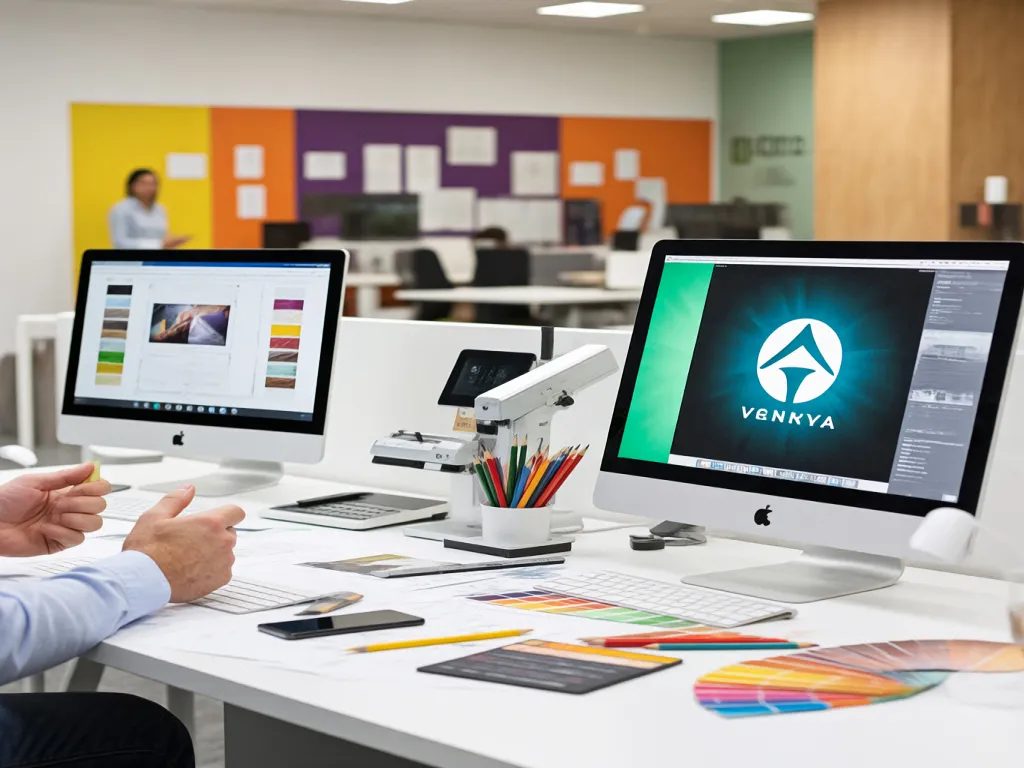 Office workspace with computers, pencils, and color samples