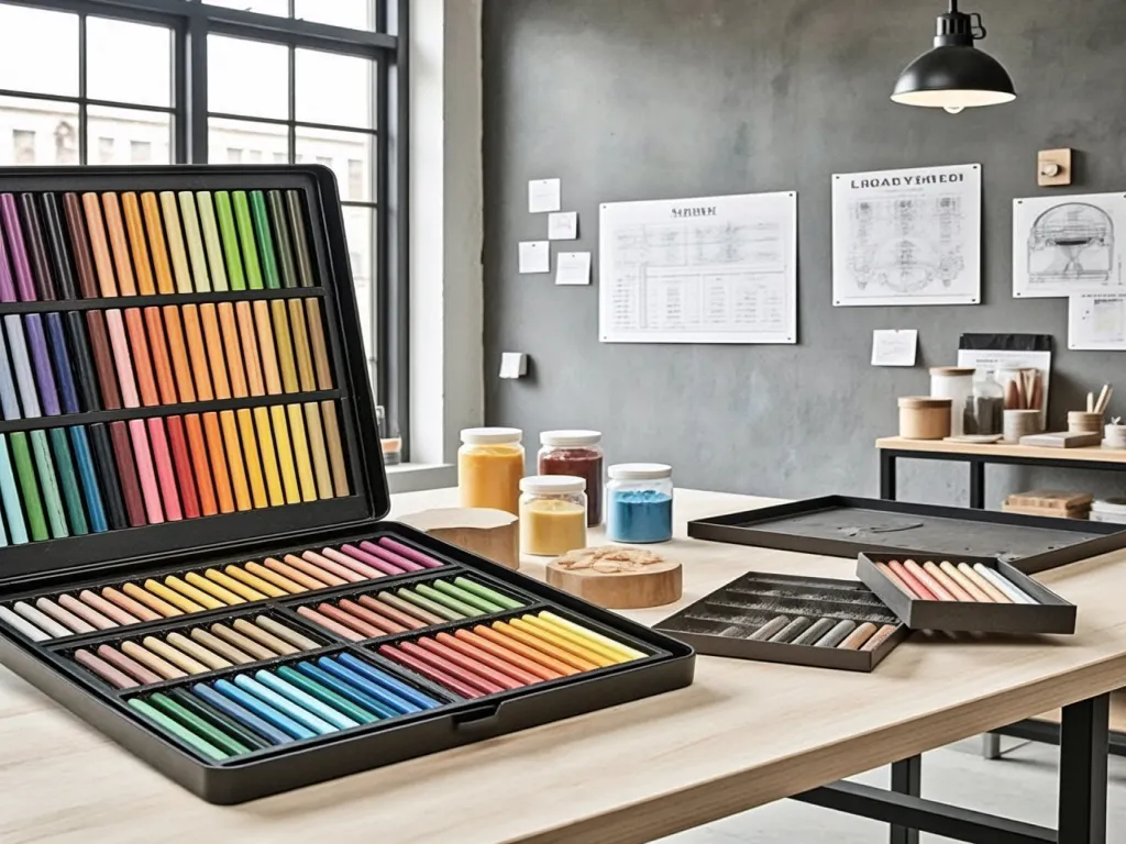 Colorful crayons neatly displayed in a case on a desk