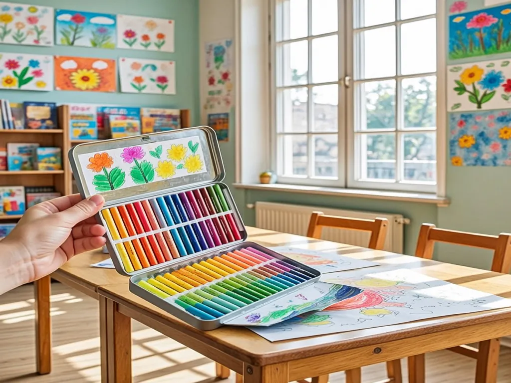 Colorful crayons in a classroom setting