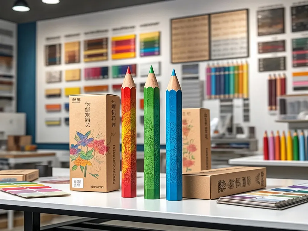 Colorful pencils displayed in a store with various color samples in the background