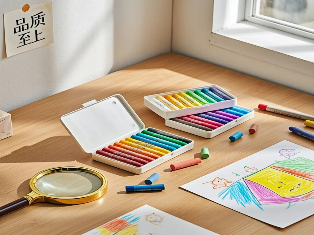 Bulk crayons displayed in cases on a wooden desk