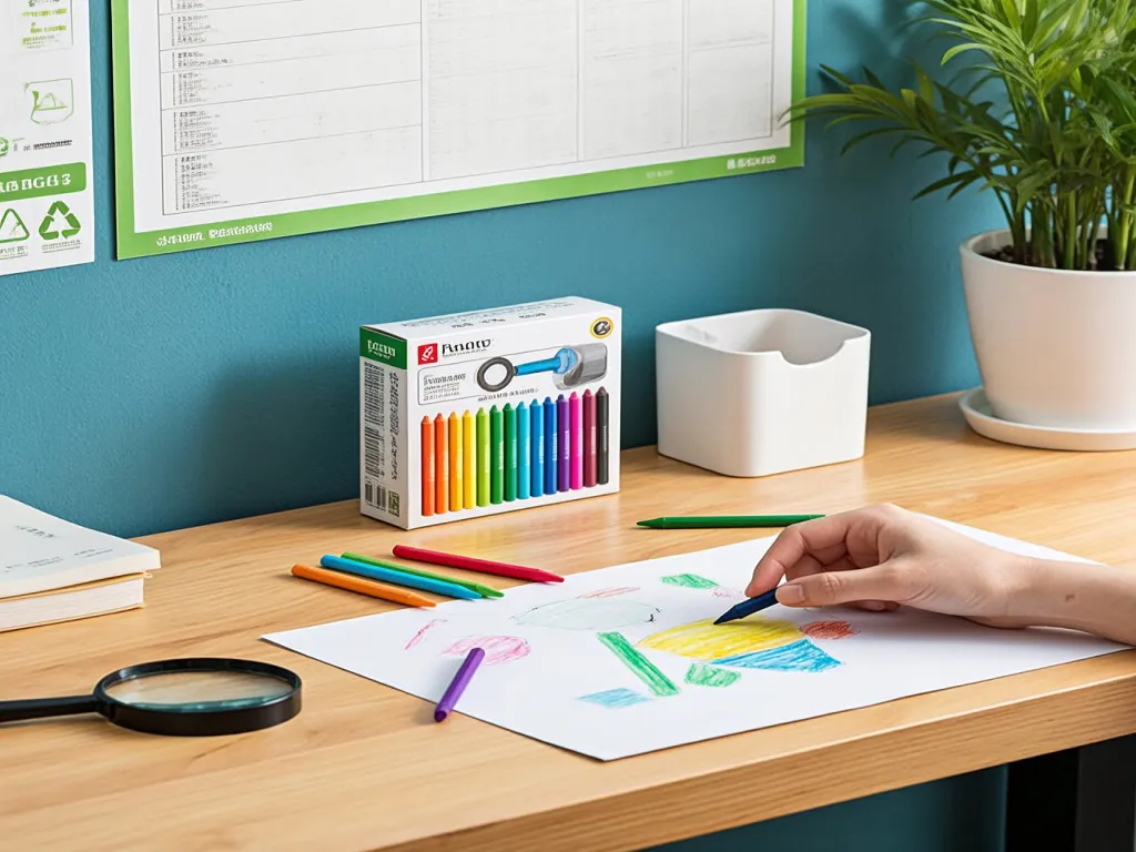 A box of crayons on a desk with a hand drawing colorful lines on paper