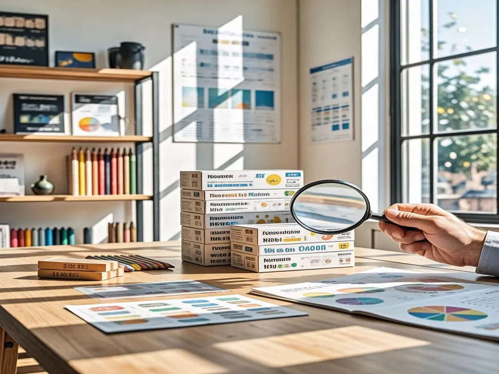 A hand holding a magnifying glass over a stack of wholesale crayon boxes