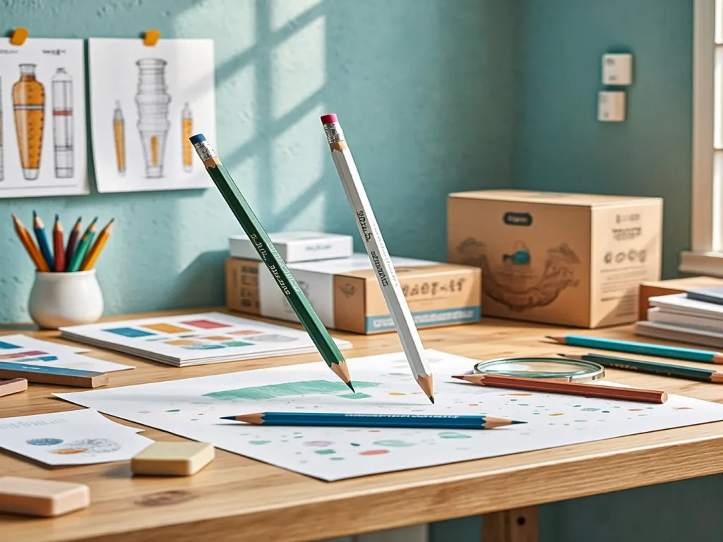 Creative workspace with custom printed pencils and sketches