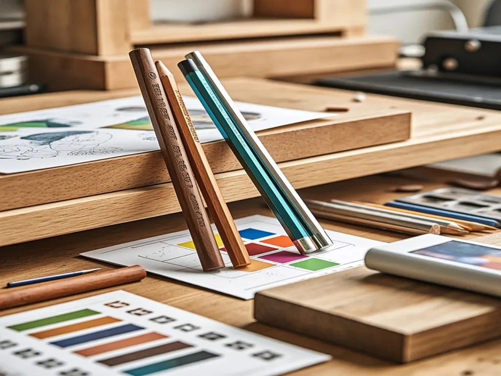 Custom designed pencils on a wooden desk with design papers