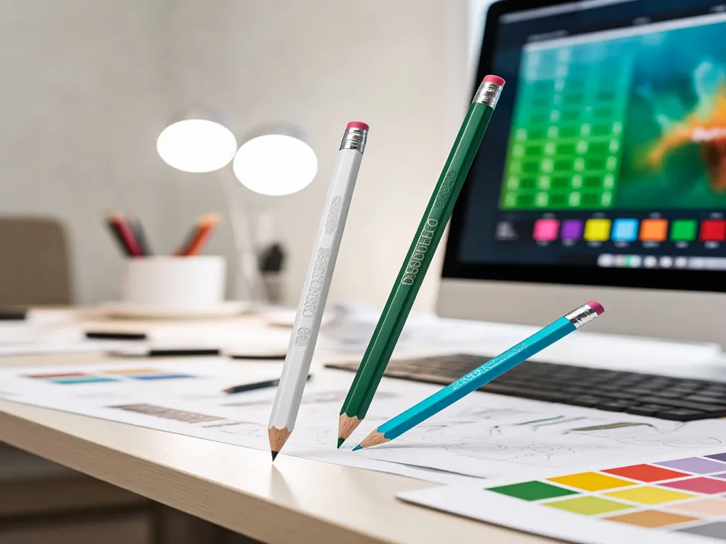 Custom pencils on a desk with design sketches