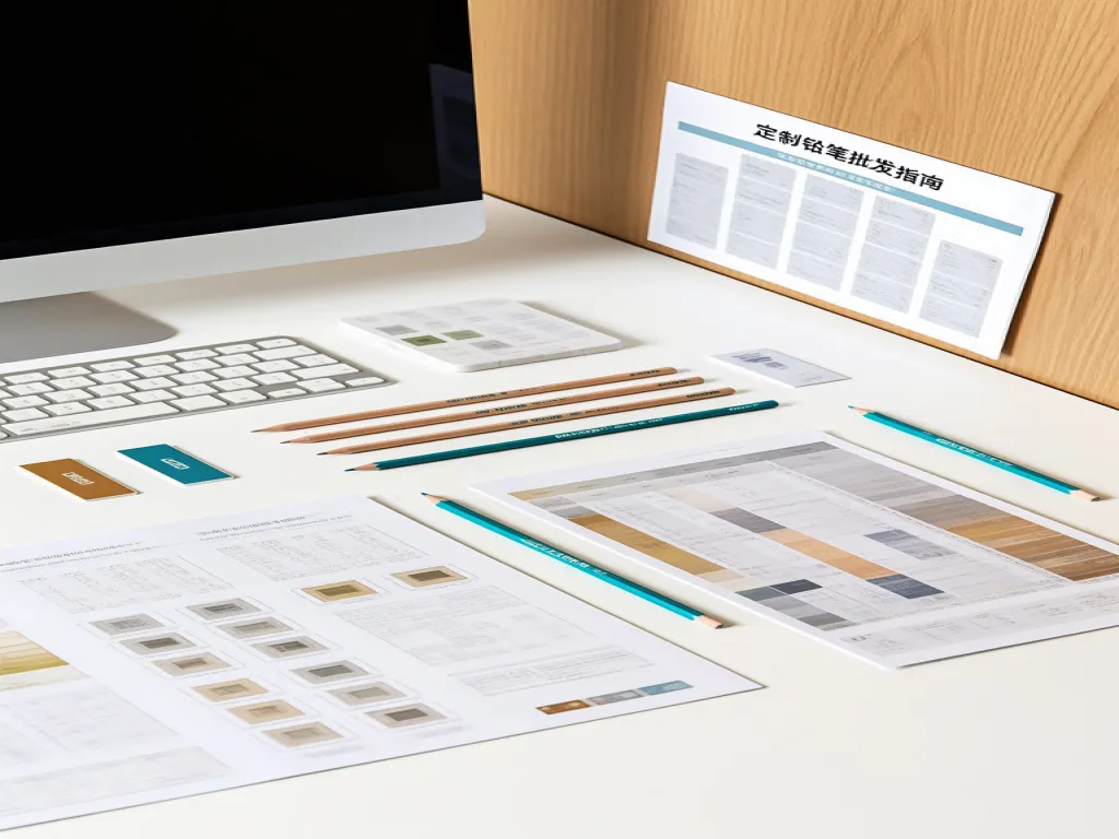 Workspace with custom printed pencils and design papers
