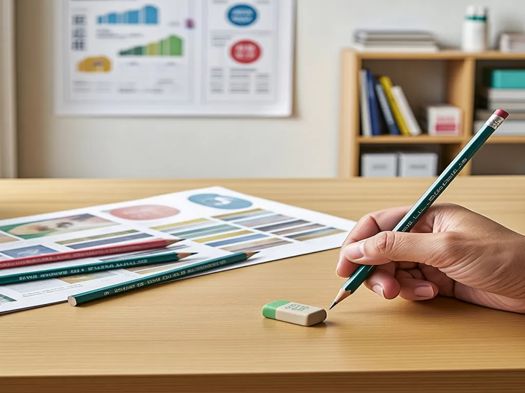 A hand holding a pencil with an eraser, poised over design papers