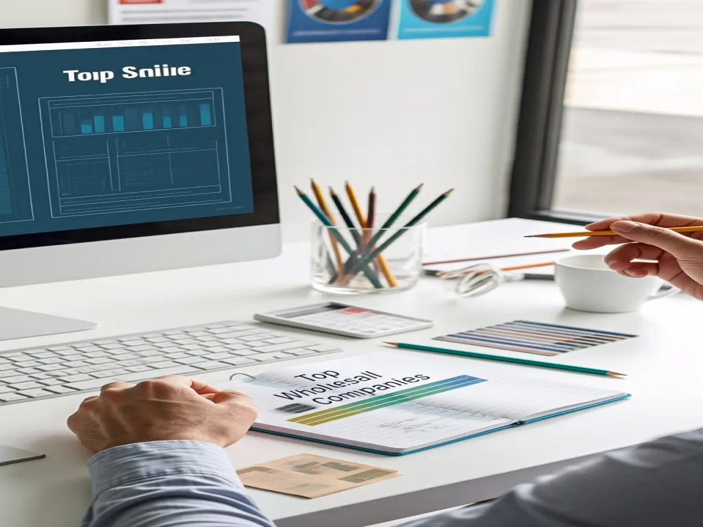 Office workspace with a computer displaying 'Top Wholesale Companies' and pencils