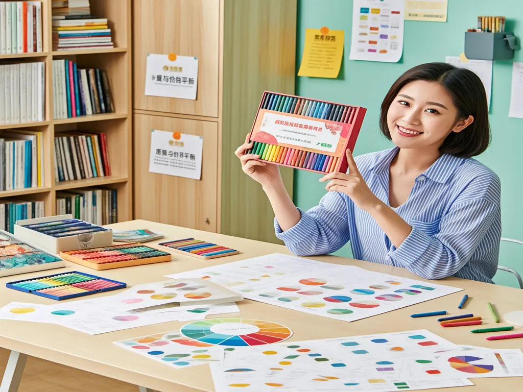 A woman holds a box of colorful crayons, showcasing wholesale options