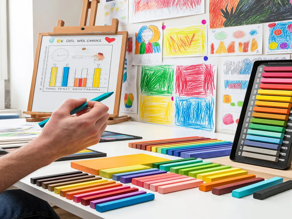 A hand holding a blue crayon with colorful crayon packs and children's drawings in the background