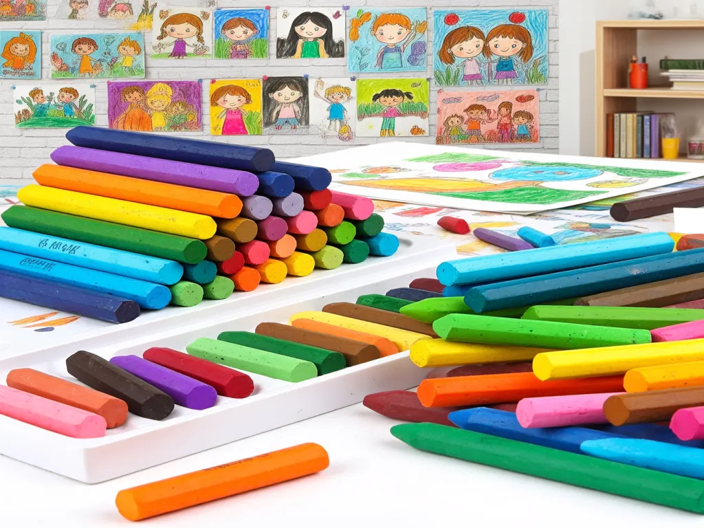 A vibrant display of crayons and children's artwork