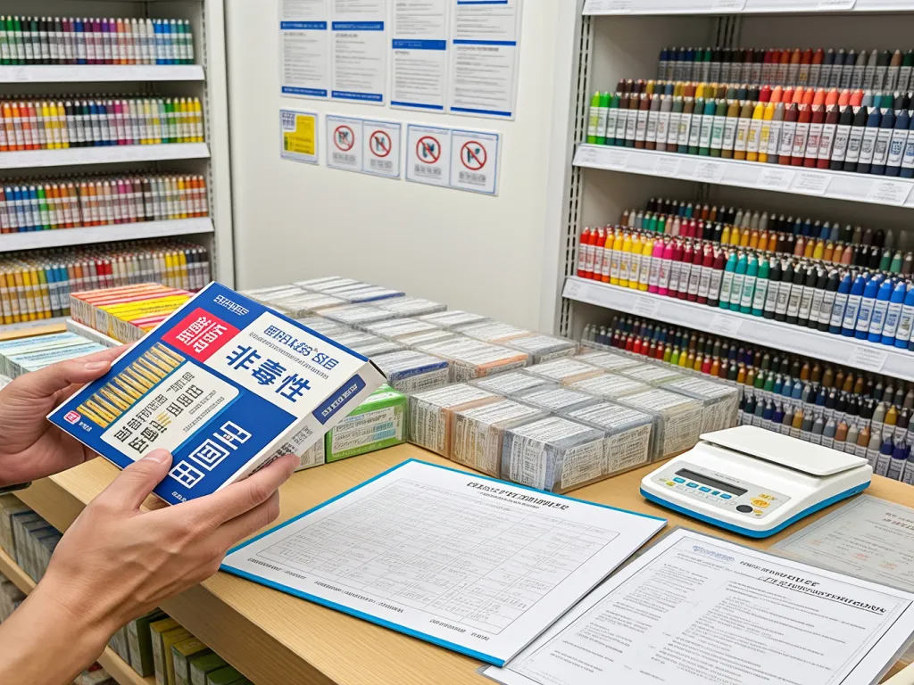 A person checks the packaging and quality of crayons in a warehouse