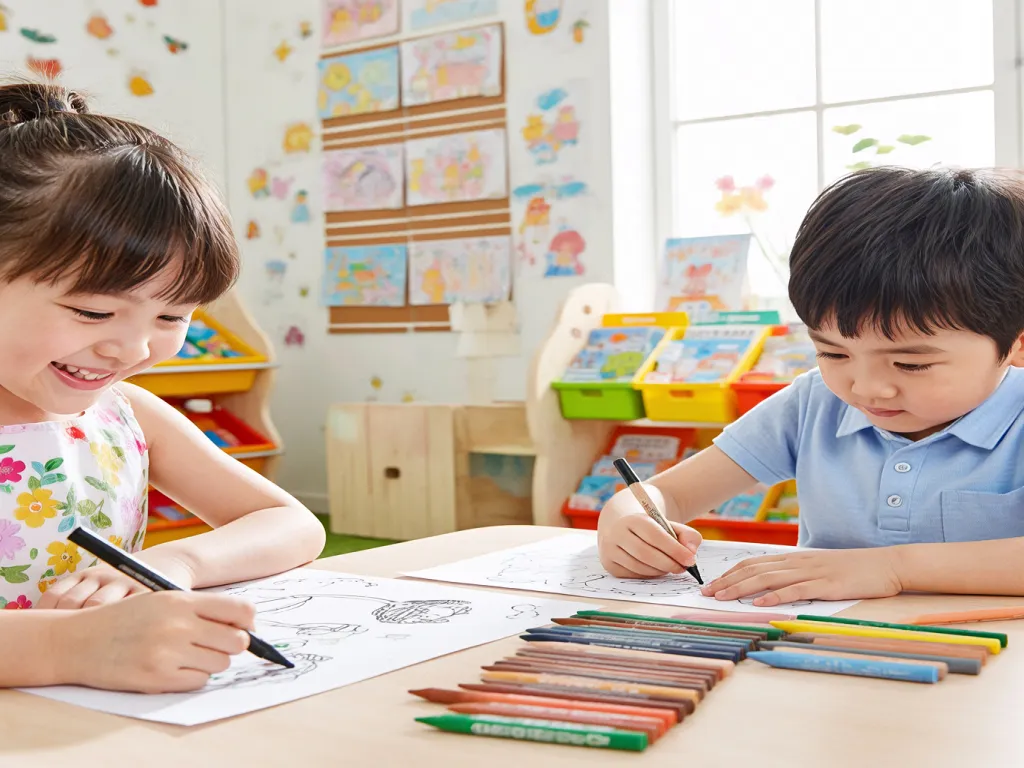 Two children drawing with crayon packs on a table