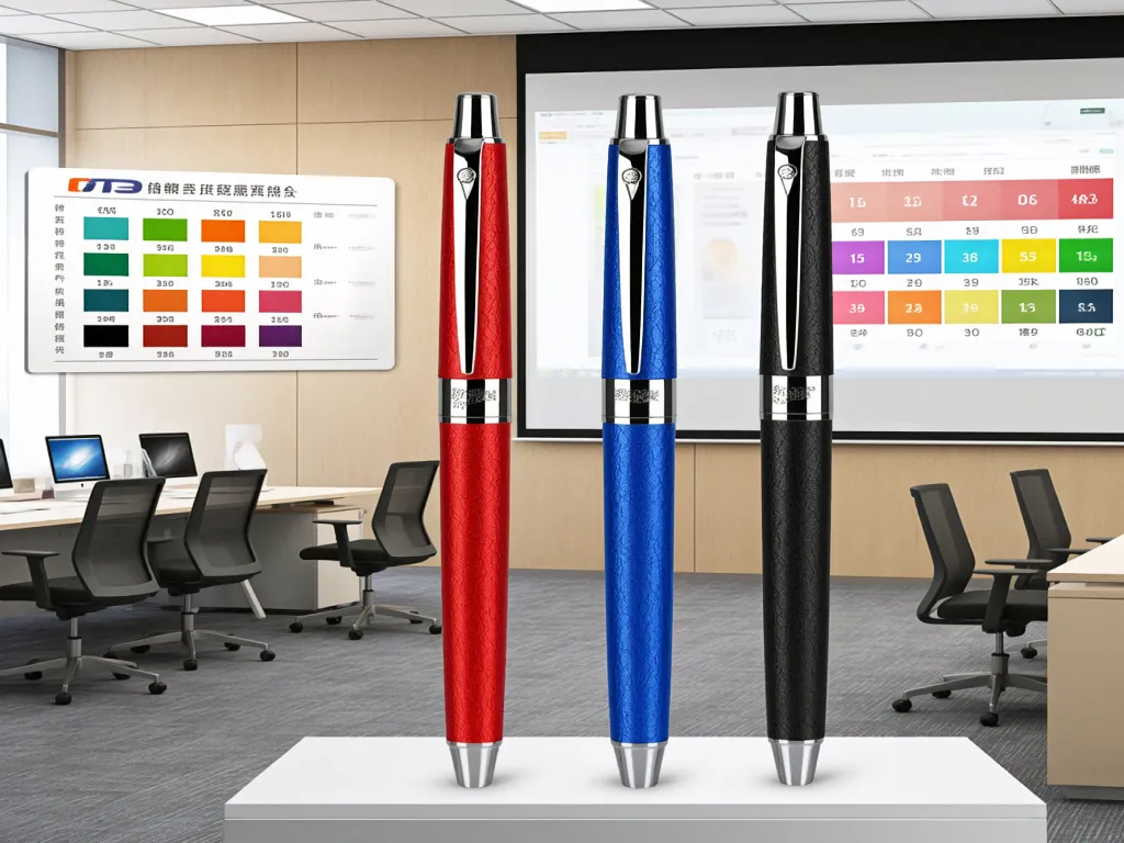 Colorful promotional pens on display in a modern office
