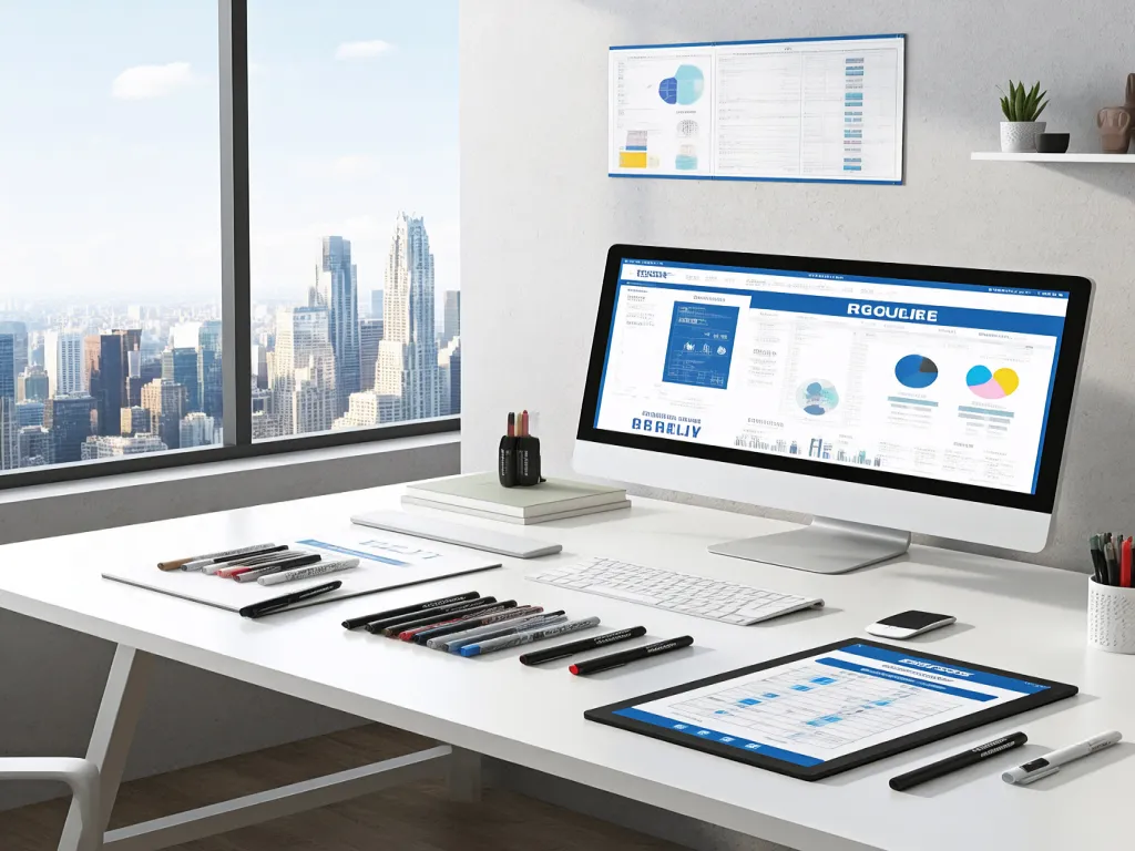 Office desk with permanent markers and digital displays