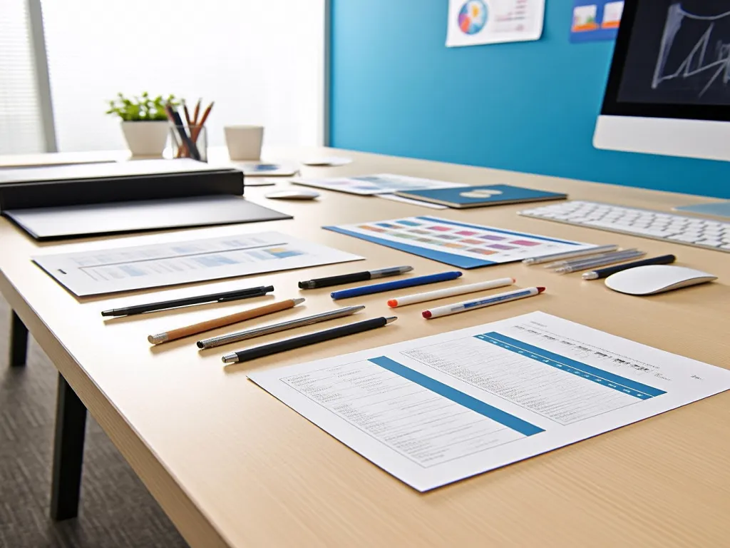Office desk with various promotional pens and documents