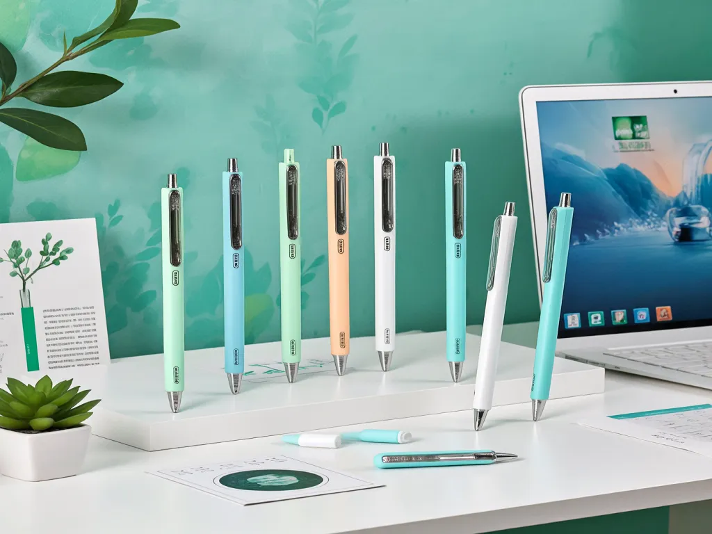 Pastel colored promotional pens setup near a laptop