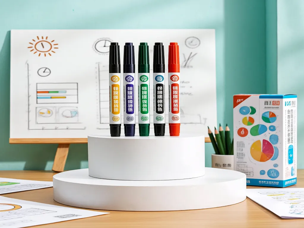 Permanent markers displayed on a desk with a whiteboard