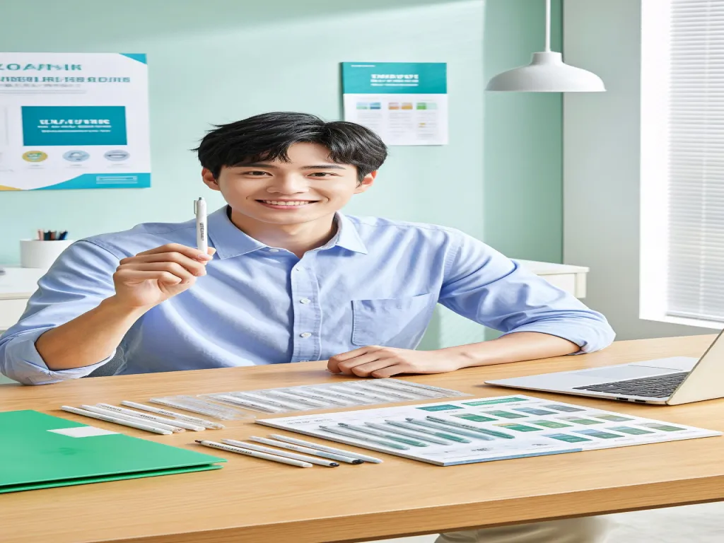 A man holds a promotional pen at a desk with various文具 samples