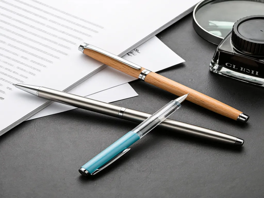 Promotional pens on a dark surface with documents