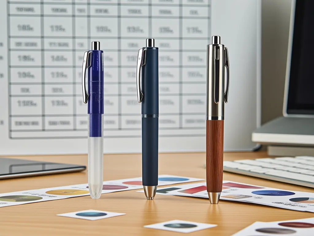 Promotional pens arranged on a desk with color samples