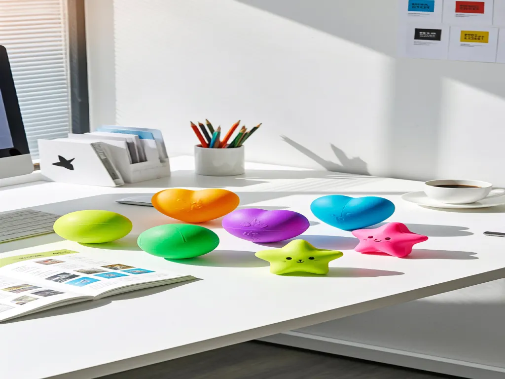 Colorful anti stress balls on a white desk