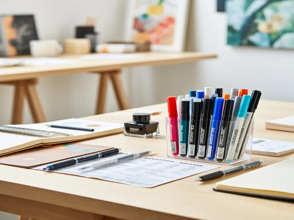 A collection of colorful markers and pens on a desk