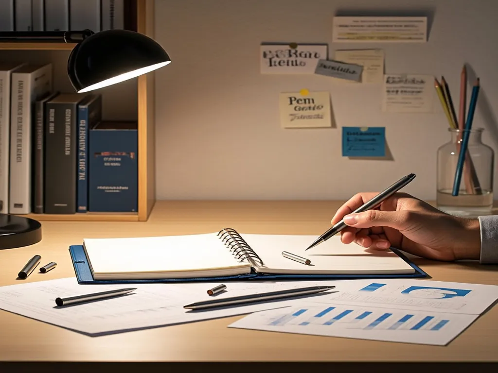 A hand writing in a notebook with pen ink refills on the desk