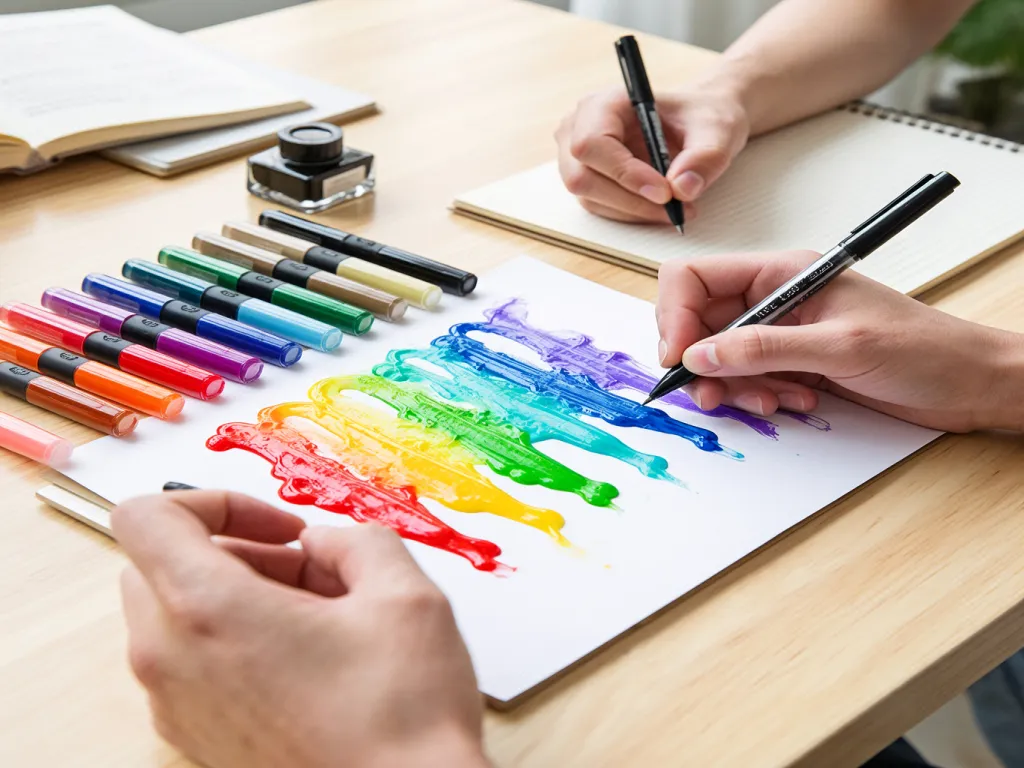 Hands creating art with markers and ink