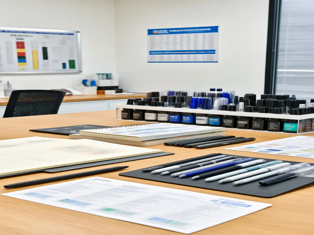 Organized office with a display of pens and refills