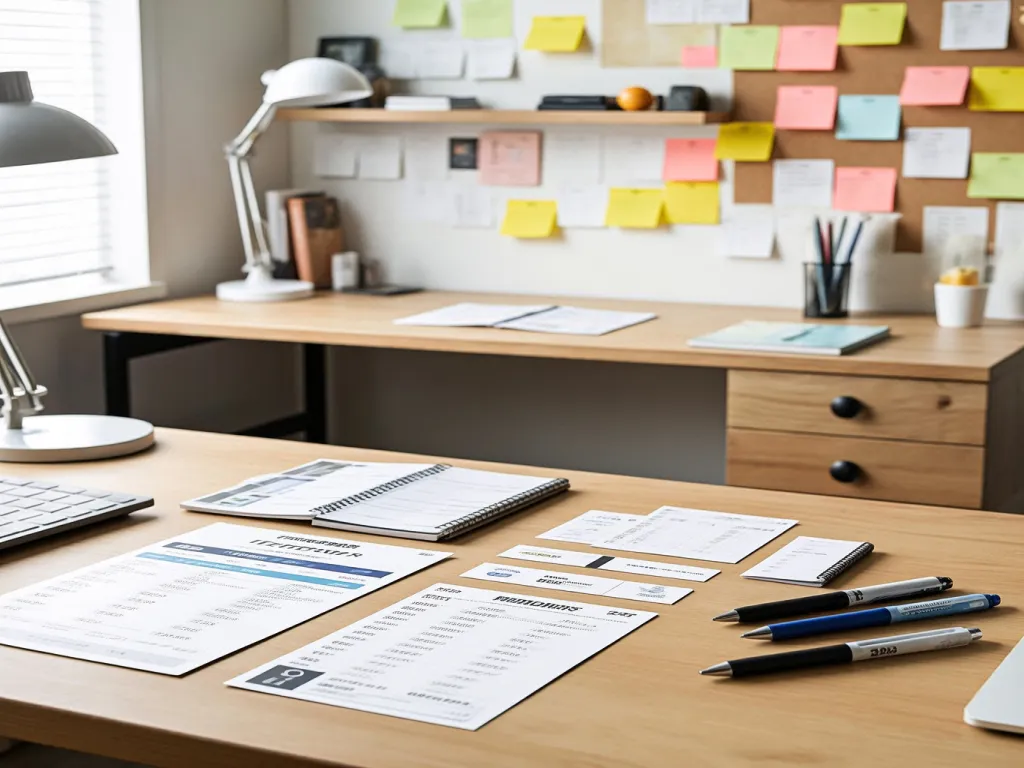 An organized workspace with various documents and pens