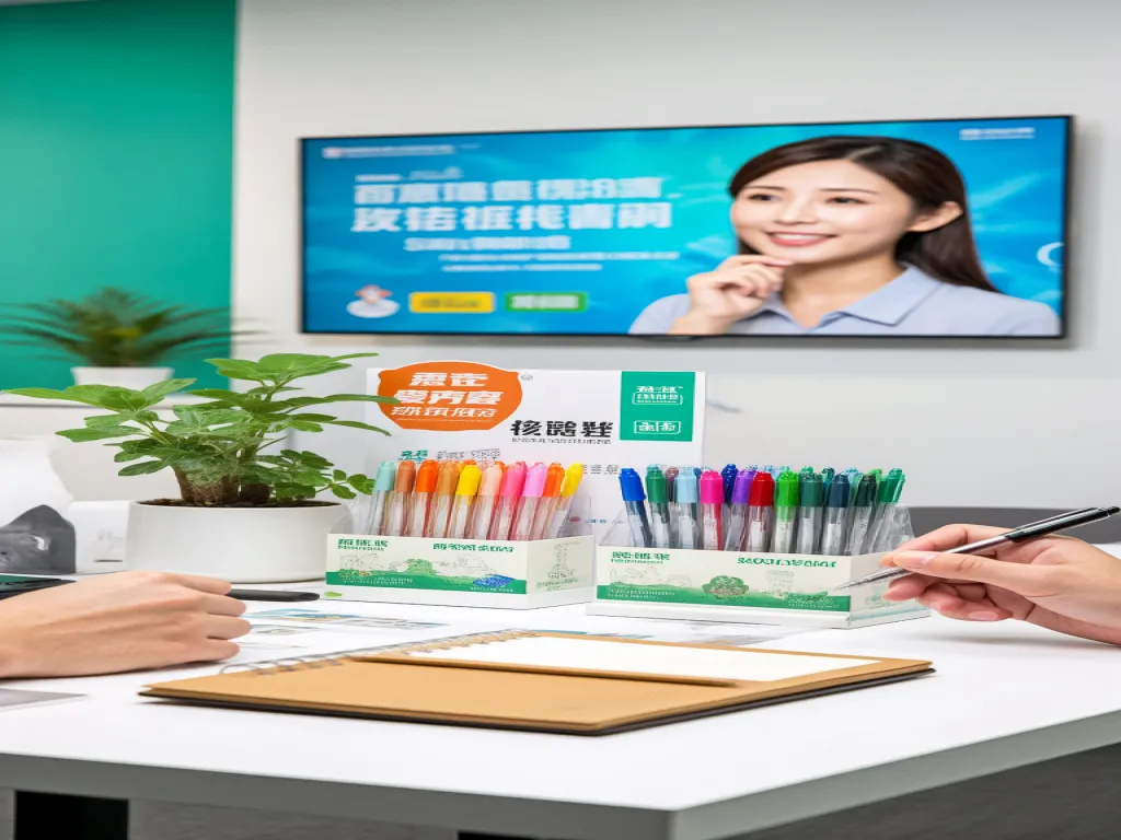 A variety of promotional pens displayed on an office desk