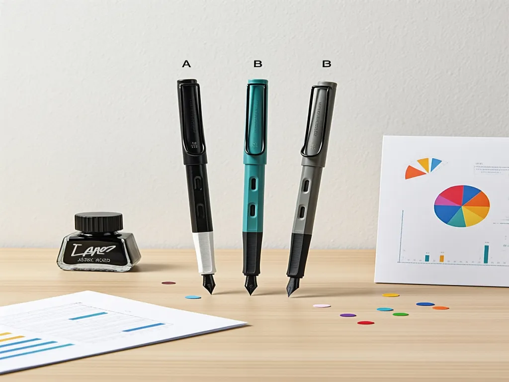 Three different colored pens with pen ink refills and ink bottle