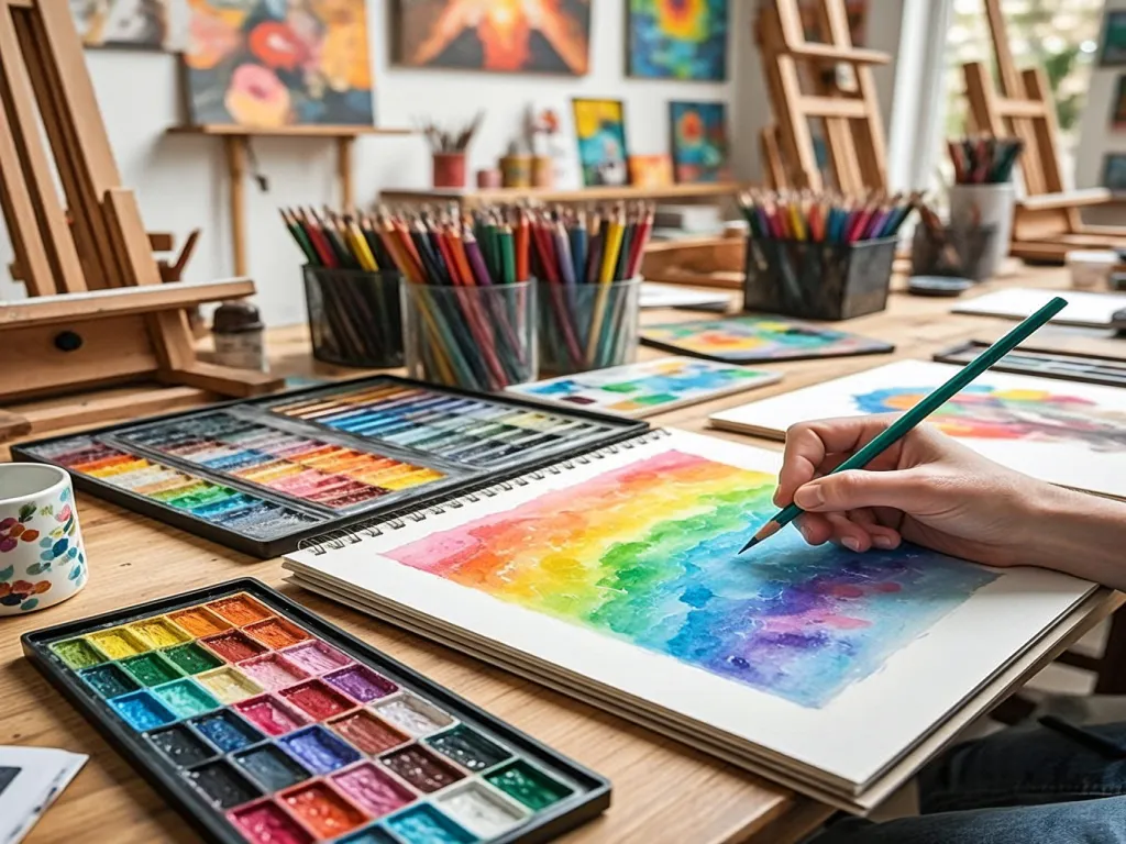 Art studio with colored pens and a person painting