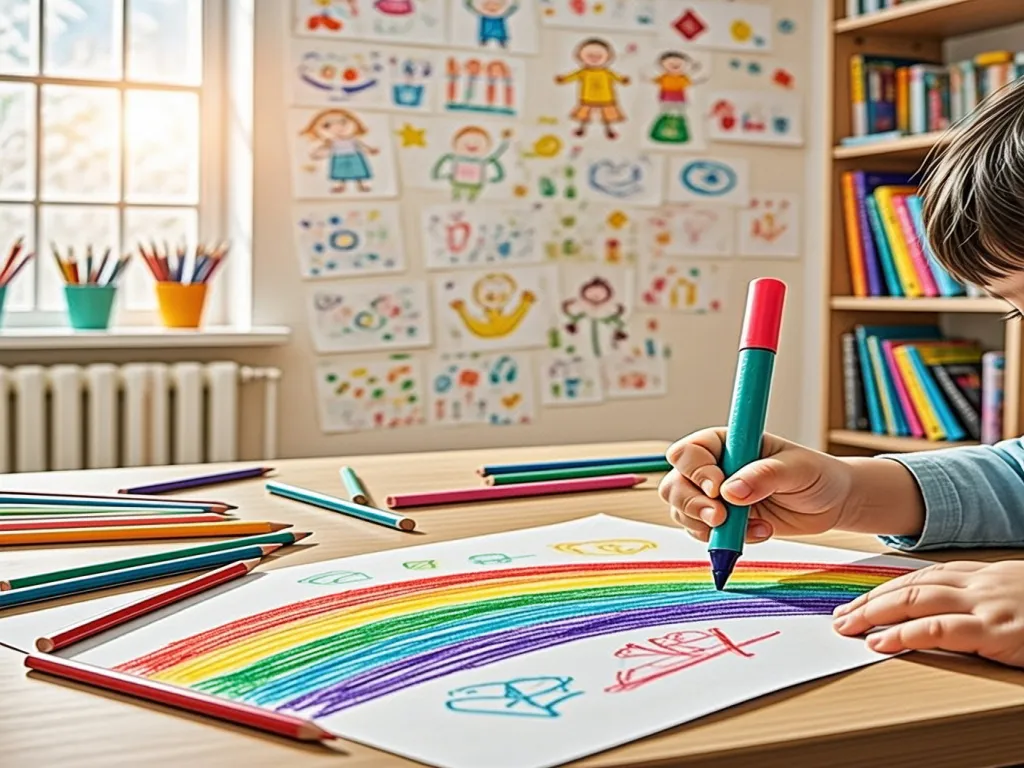 Child drawing a rainbow with colored markers