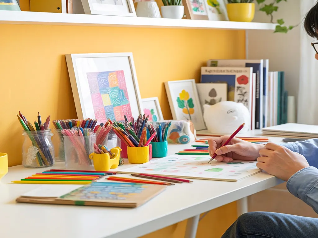 A desk with colorful pens and a person drawing