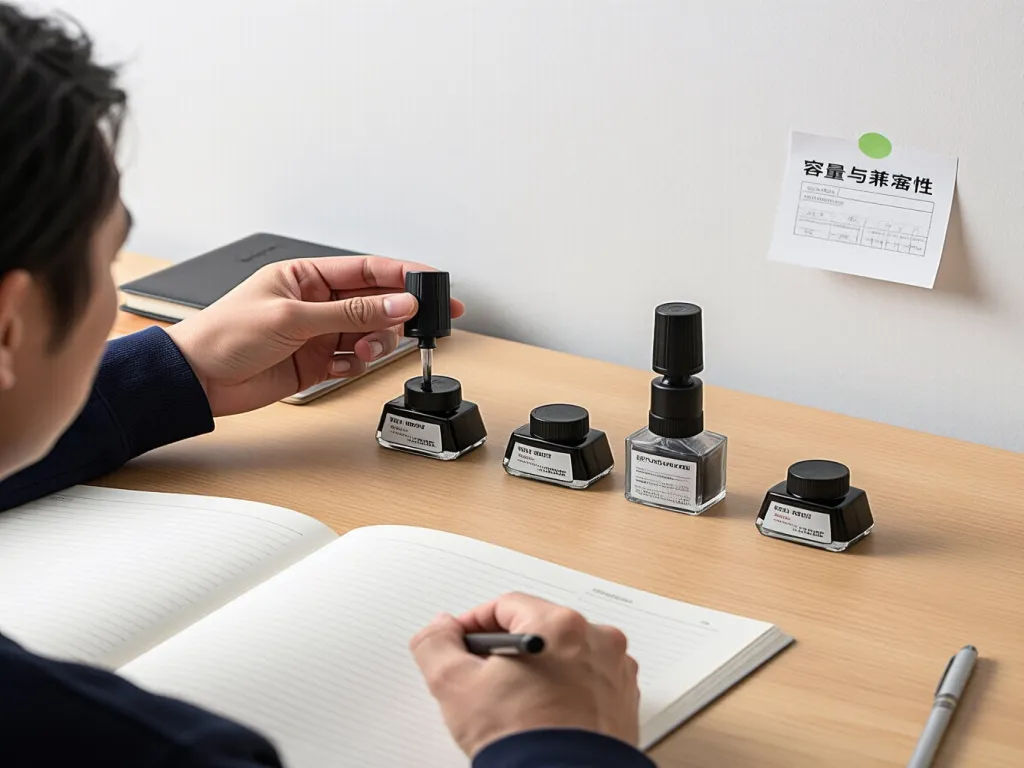 Selection of ink refill bottles on a desk