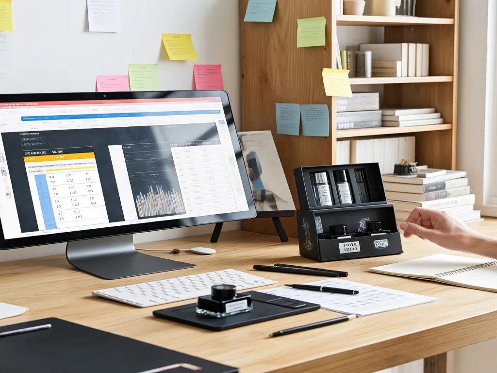 Workspace featuring ink refills and a computer