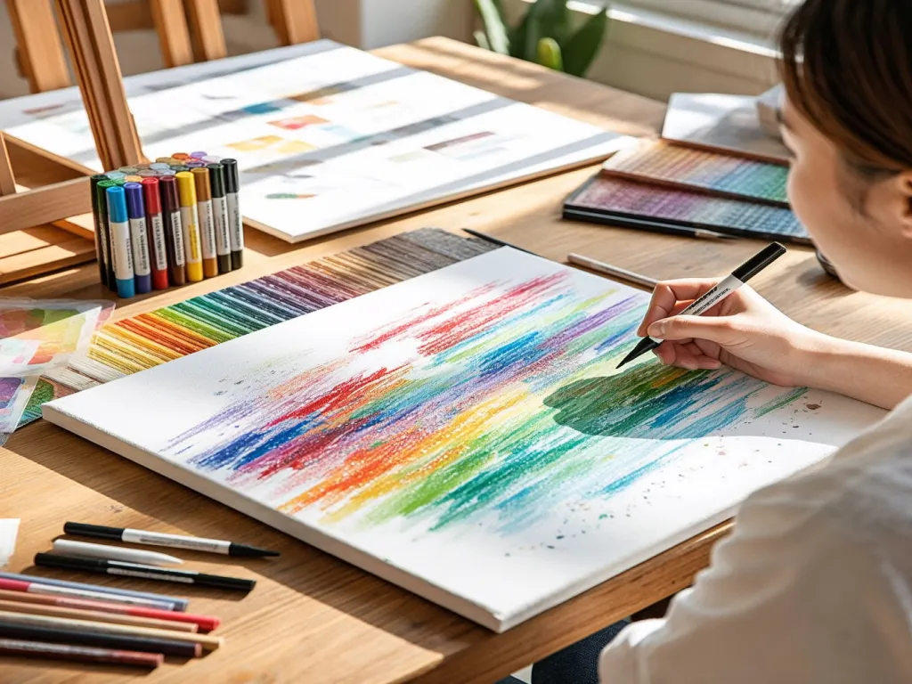 An artist creates a colorful painting using empty marker pens